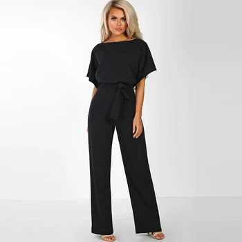 

Women's Elegant Summer Short Sleeve Jumpsuits Rompers Plus Size 2XL Loose Bowknot Lace Up Button Long Trousers Party Playsuits