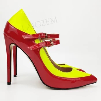 

LAIGZEM SUPER Women Patchwork Pumps Mary Jane Stiletto Heel Mixed Colors Wedding Shoes Party Tacones Zapatillas Size 34 43 44 47