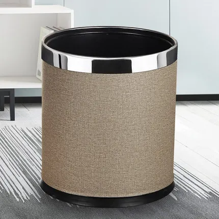 coffee silver ring Металлический мусорный бак 10л мусорное ведро, кожаный наружный двухслойный контейнер для мусора, чехол с открытым верхом, напольная подставка для отеля, офиса - Цвет: coffee silver ring