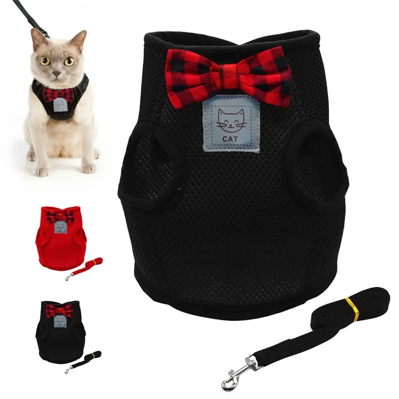 

Mesh Bowtie Cat Harness and Leash Breathable Kitten Cat Clothes Small Dog Puppy Walking Running Harnesses Pet Product Supplies