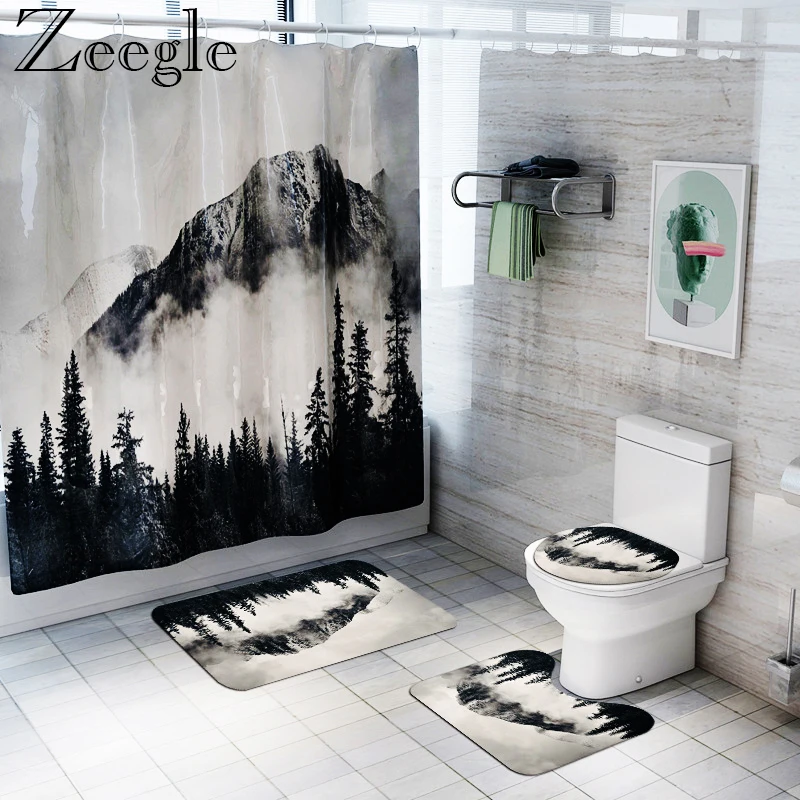 Zeegle Landscape Printed Shower Curtain Waterproof Bathroom Curtain Washable Bathroom Toilet Pedestal Rug Anti-slip Foot Mat