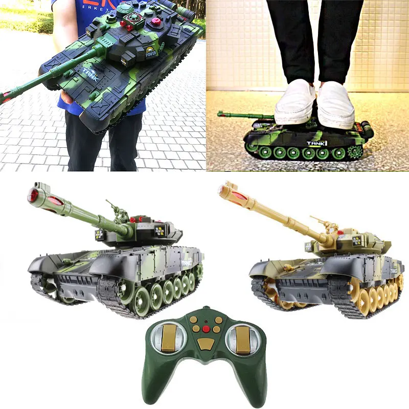 Robot Tank RC télécommandé 44CM vert, pack complet avec télécommande, batterie et accessoires, présenté sur fond blanc.