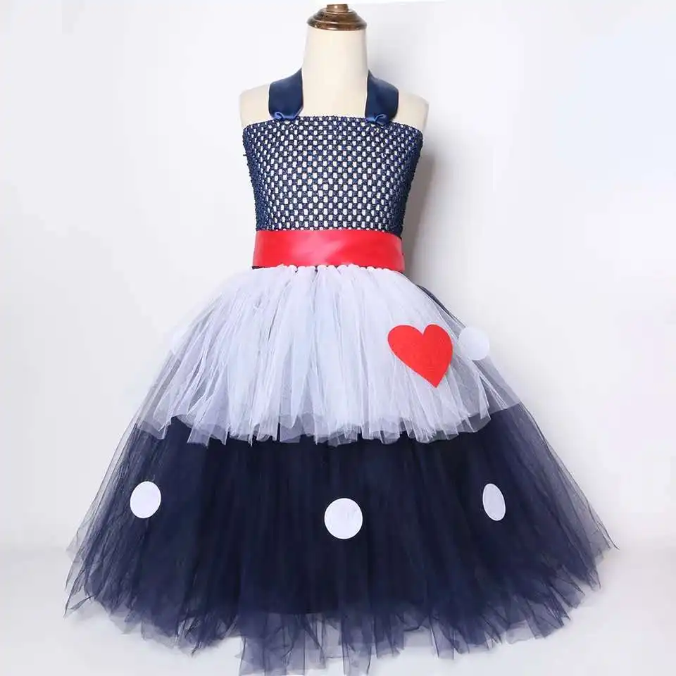 

Navy Blue White Girls Tutu Dress Heart Polka Dot Kids Party Dresses for Girls Performance Halloween I Love Lucy Cosplay Costume