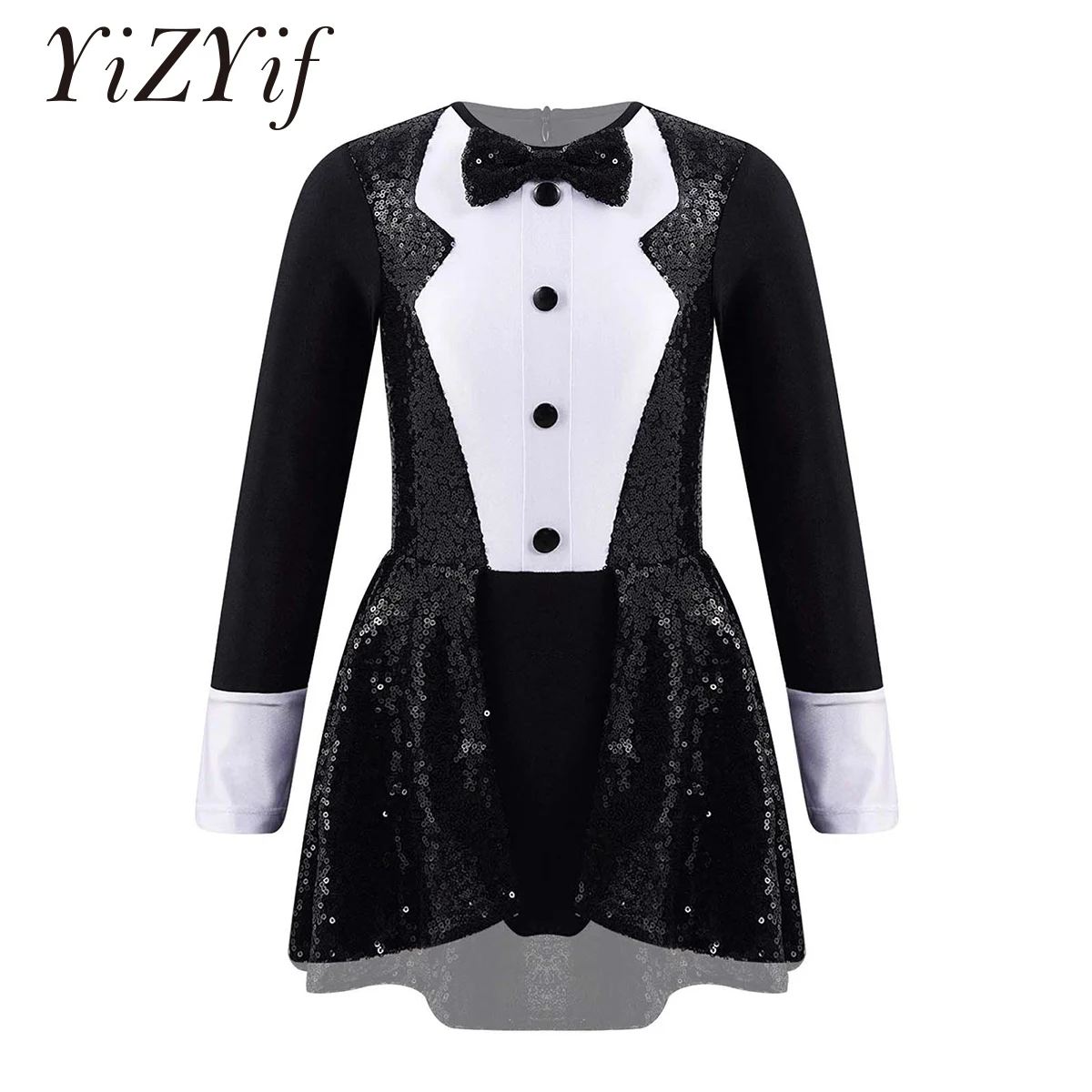 

Girls Figure Ice Skating Dress Long Sleeves Bow Tie Sequins Adorned Ballet Dance Gymnastic Leotard Kids Latin Jazz Dancewear
