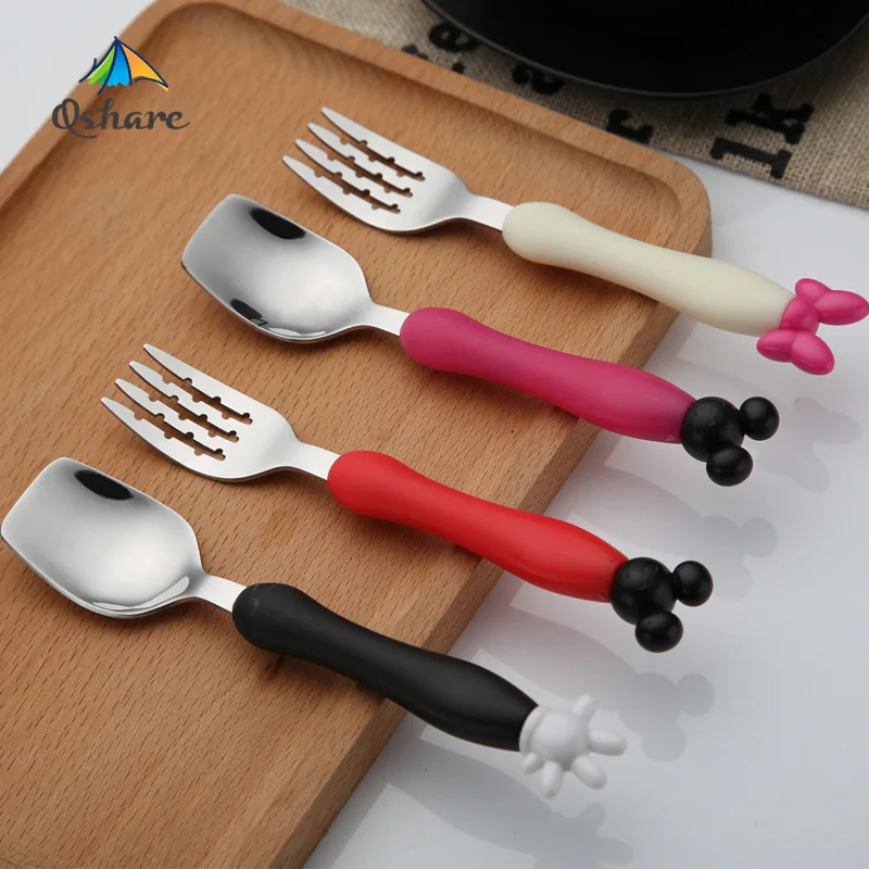 Qshare 4pcs/Set Baby Utensil Children Tableware Set Infant Stainless Steel Spoon Fork Mickey Cartoon Flatware Kids Feeding Spoon Fork Spoon Set Stainless Steel Cutlery Set Baby Cutlery