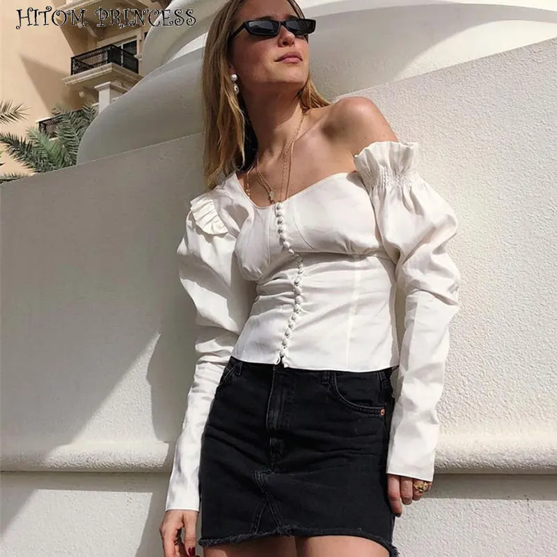 

HITOM PRINCESS Women Puff Long Sleeve Top Button White Blouse Autumn Tunic Woman Blouse Ruffle Elegant Shirts Female Blusas