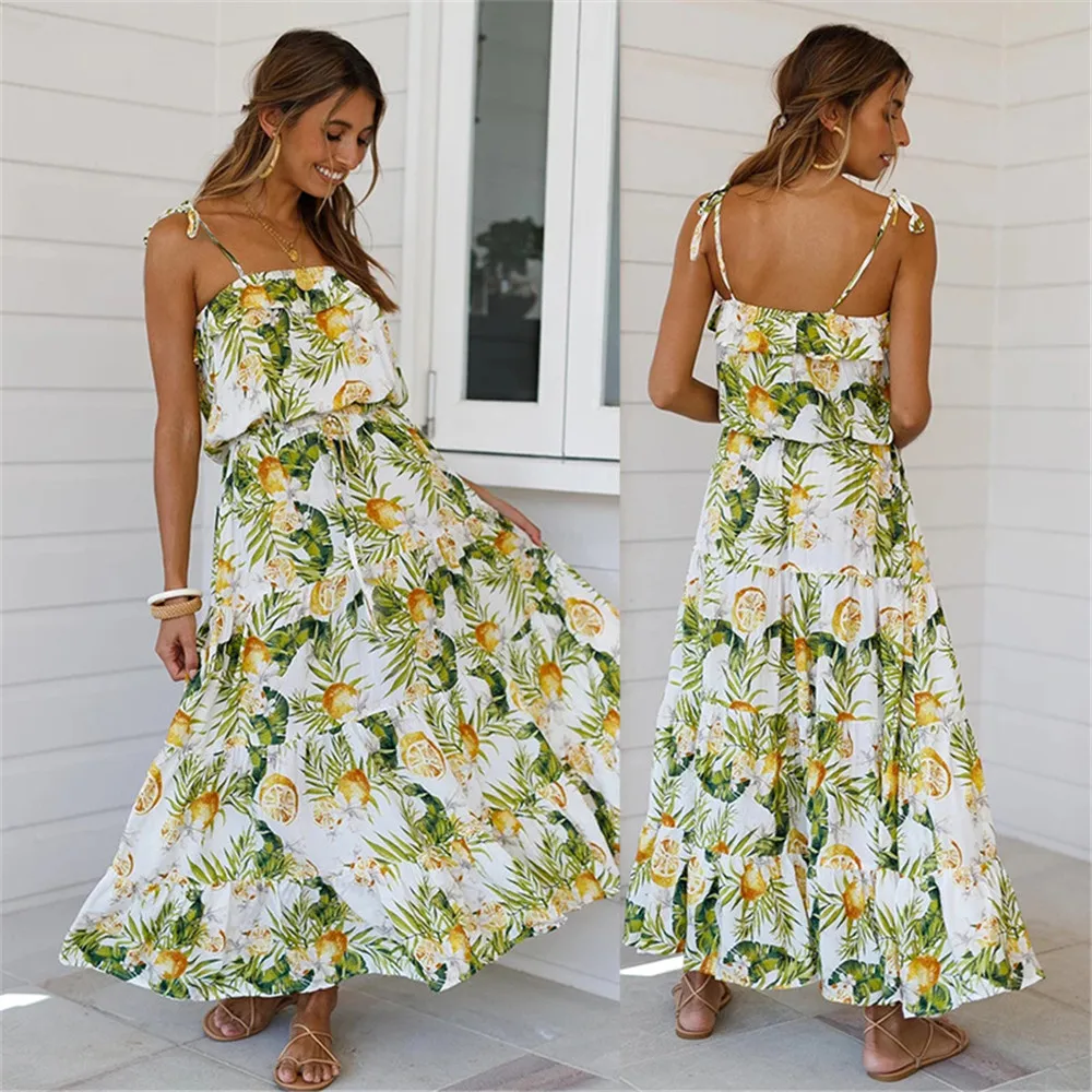 

Strapped Wrapped Lace-up Printed Maxi Dress Women Sling Ruffle Drawstring Waist A-Line Bandeau Bandage Long Dresses Summer Dress