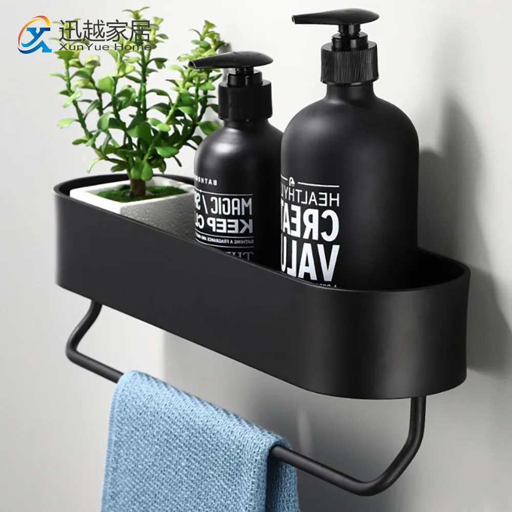 

Shower Shelves With Bar Punch-Free Aluminum Wall Hanger Towel Rack Hand Holder Storage Hanging Bathroom Accessories 00BS0801
