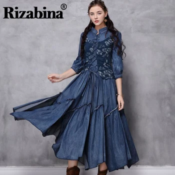 

Rizabina Printed Irregular Dress Women New Fashion Denim Long Dress Retro Mid-Sleeve Ankle-Length Dress Casual Daily Clothes