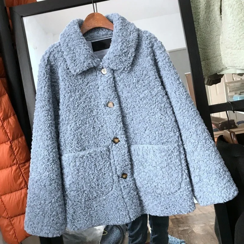 Harajuku пальто из искусственной овечьей шерсти, Женское зимнее свободное однобортное пальто с отворотом, модная верхняя одежда, однотонная теплая куртка розового и синего цвета - Цвет: 1