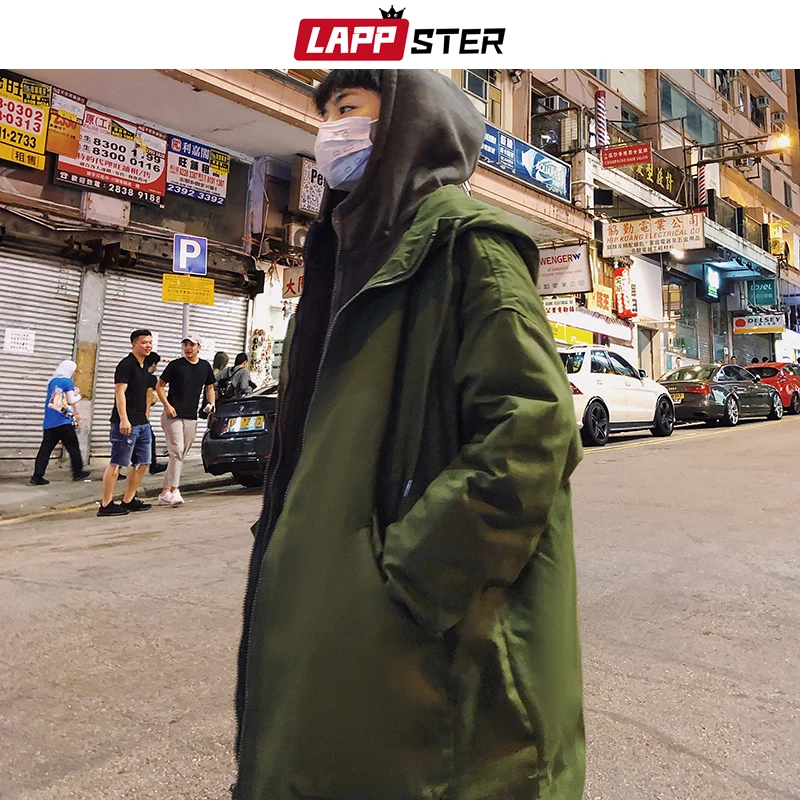 LAPPSTER мужские Armygreen Cargo Parka мужские s поддельные из двух частей зимние куртки с капюшоном мужские хип хоп длинное пальто ветровка