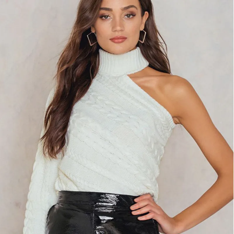 DEAT 2020 Autumn And Winter New Fashion Solid Color Irregular Off-Shoulder Single-Sleeve Twist Turtleneck Sweater PB666 | Женская одежда