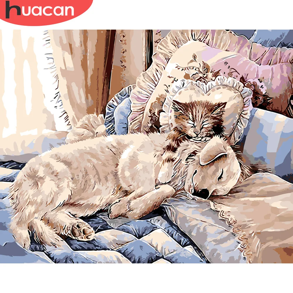 

HUACAN Pictures By Numbers Dog Animal Kits Drawing Canvas HandPainted DIY Oil Painting Cat Home Decoration Art