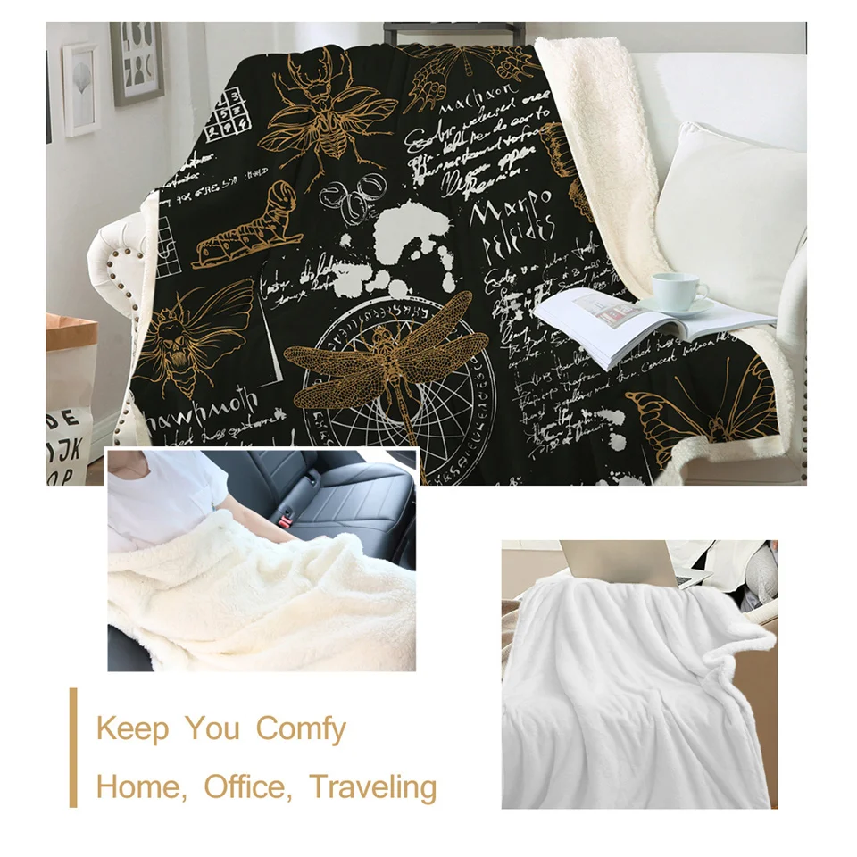 BeddingOutlet Insects Throw Blanket Butterfly Beetle Bedding Dragonfly Retro Custom Blanket Sketches Vintage Plush Bedspreads