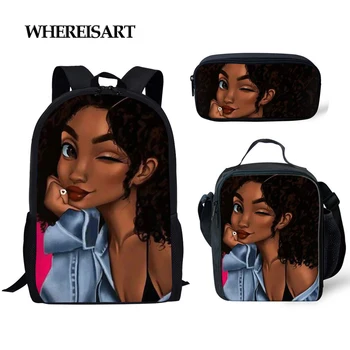 

WHEREISART Kid School Bags Black Art African Girls School Backpack for Girls Elementary 3Pcs/Set Teenager Schoolbags