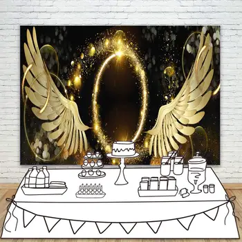 

Gold Angel Wings Luxury Glitter Dots Black Photography Background Fashion Show Adult Baby Birthday Party Backdrop Photo Booth