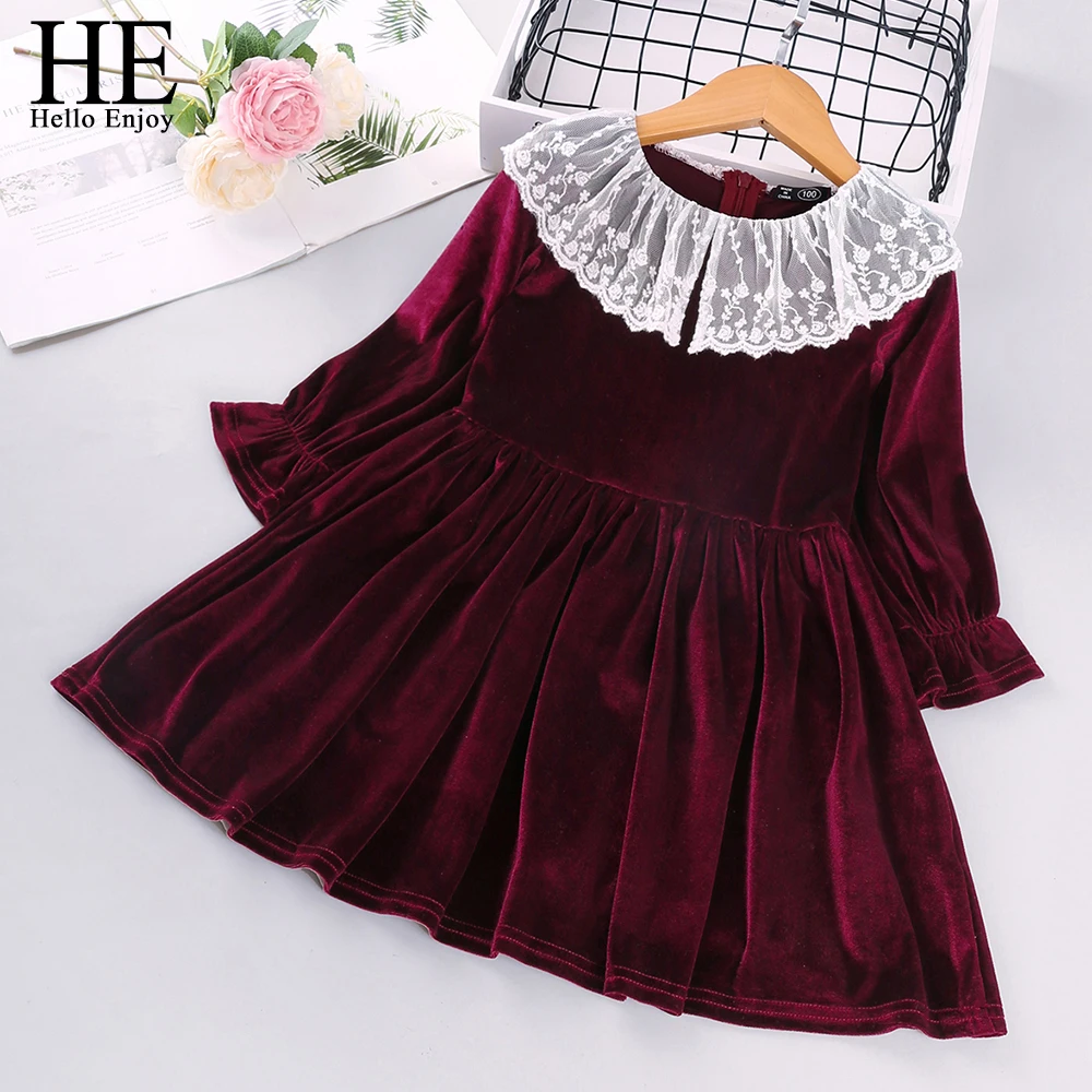 

HE Hello Enjoy Girl Golden Velvet Dresses Toddler Girls Clothes 2020 New Winter Autumn Lace Party Princess Pageant Dress For Kid