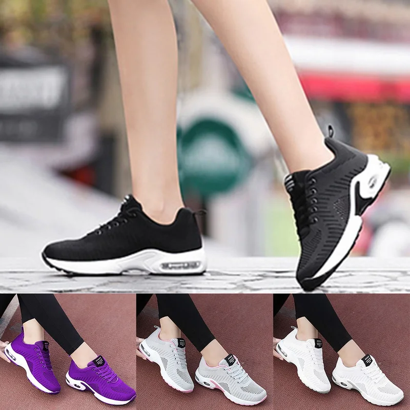 Women Fashion Mesh Breathable Sneakers Lady Flyknit Air Cushion Casual Shoes Solid Non-slip Running Joggers Sport Shoes New