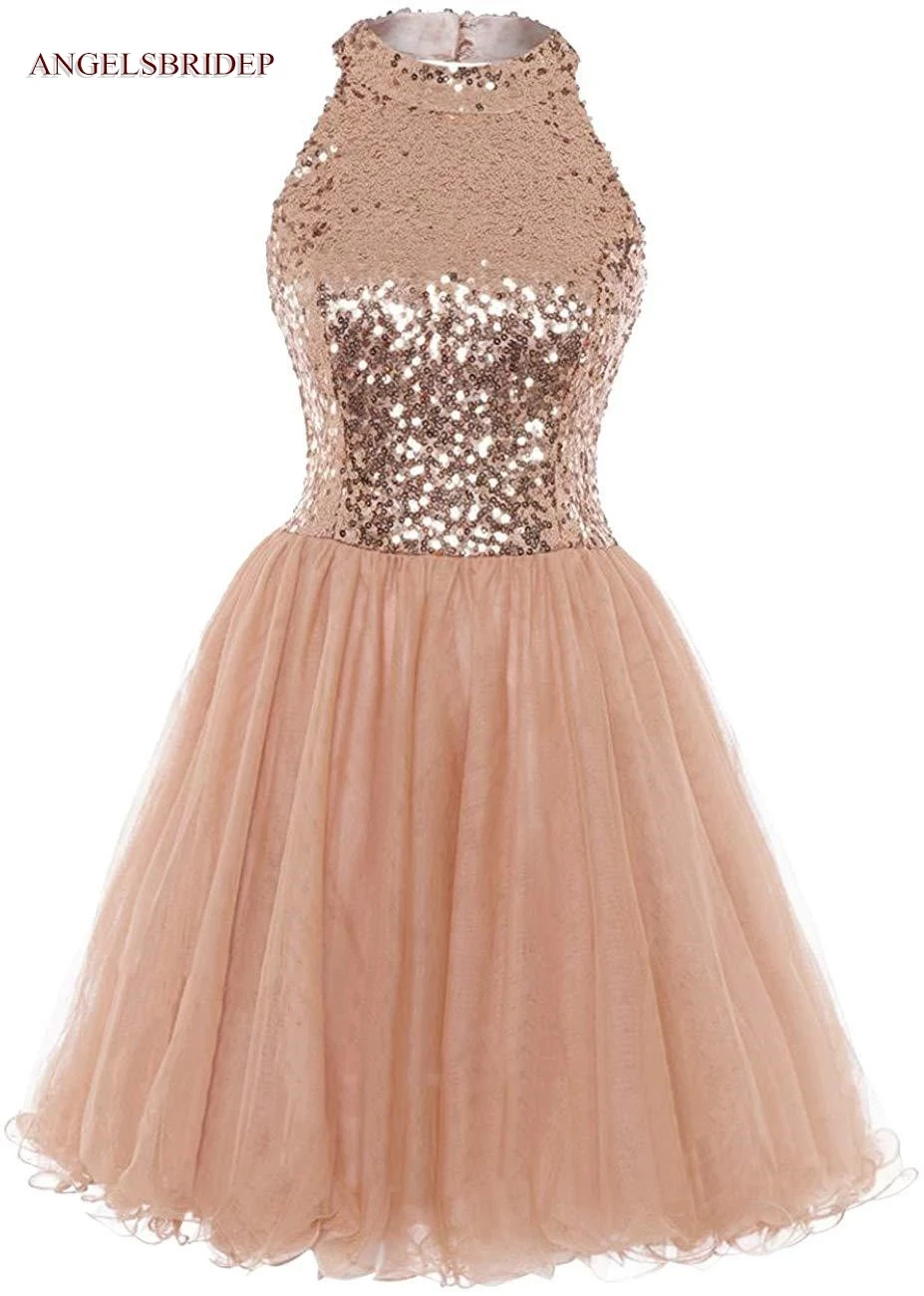 

ANGELSBRIDEP платья с высоким воротом для встречи выпускников Короткие блестящие платья из тюля с блестками вечерние платья для выпускного вечера принцессы