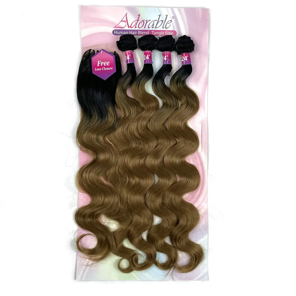 Adorable Full Packet Solution Synthetic Hair Bundles With Free 4*4 Machine Made Closure Ombre Color T1b27 Amazing Body Wave 4pcs