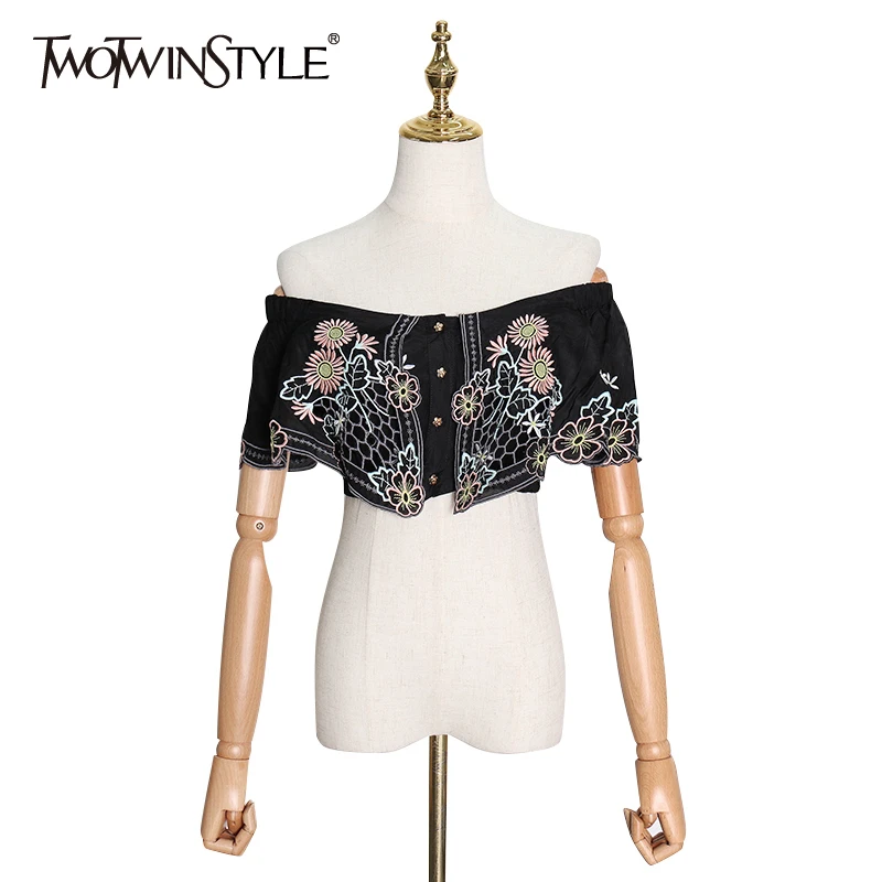 Twotwinstyle Embroidery Sexy Shirt For Women Off Shoulder Slash Neck Short Sleeve Slim Hollow