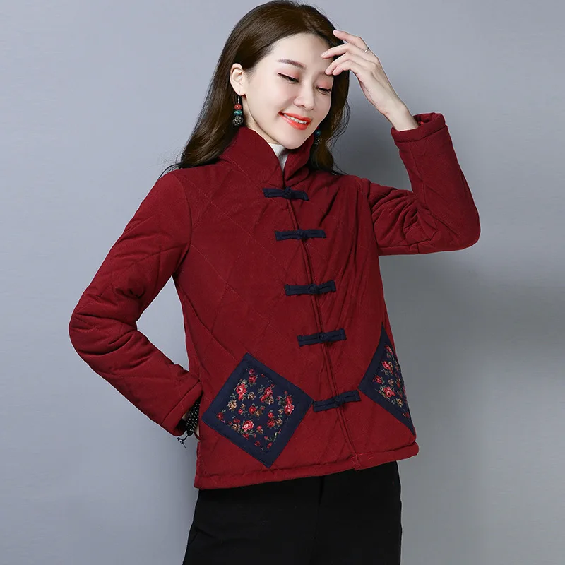 

2019 Winter New Style WOMEN'S Dress National Wind Cotton Linen CORDUROY Colored Cloth Joint Retro Frog Thick Cotton Coat