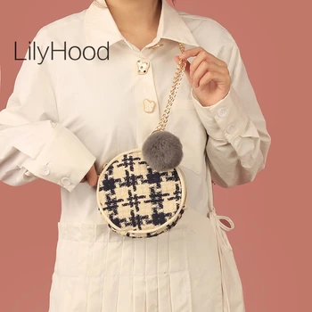

Girl Houndstooth Crochet Wool Small Cellphone Bag with Pom Pom 2020 Women Japanese Style Sweet Mini Messenger Bag with Chain