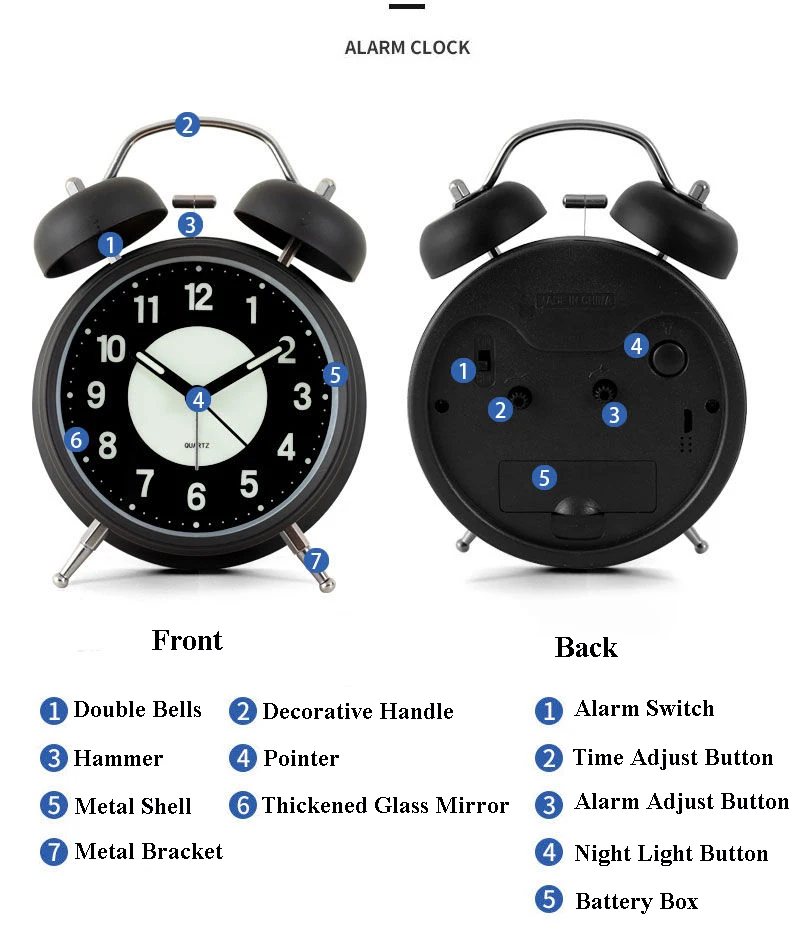 SHARP Twin Bell Quartz Analog Alarm Clock, Silver Brushed Metal, Loud  Alarm, Battery Operated