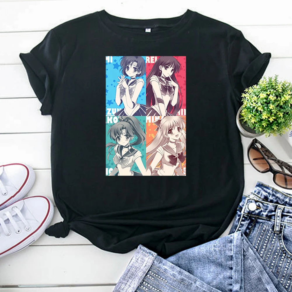 Sailor Moon Images Finished Printing Tshirts For Woman Solid Color Harajuku Women T Shirts Japanese Anime Short Sleeve Tops