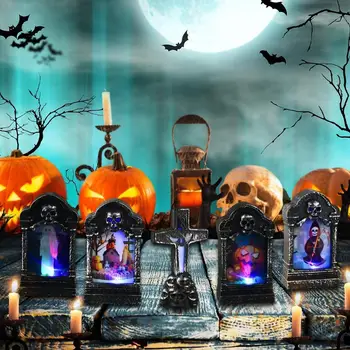 

Vintage Halloween Pumpkin Castle Light Tombstone Lamp Props Skull Party Home Decor Creative Plastic LED Witch Ghost Kids