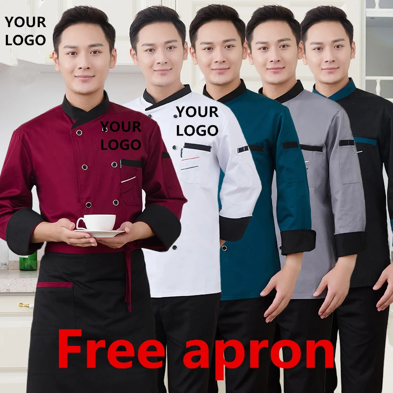

1PCS Free Logo Printing Chef Uniform Kitchen Catering Restaurant Chef Jackets Full Sleeve Unisex Shirt Free Apron