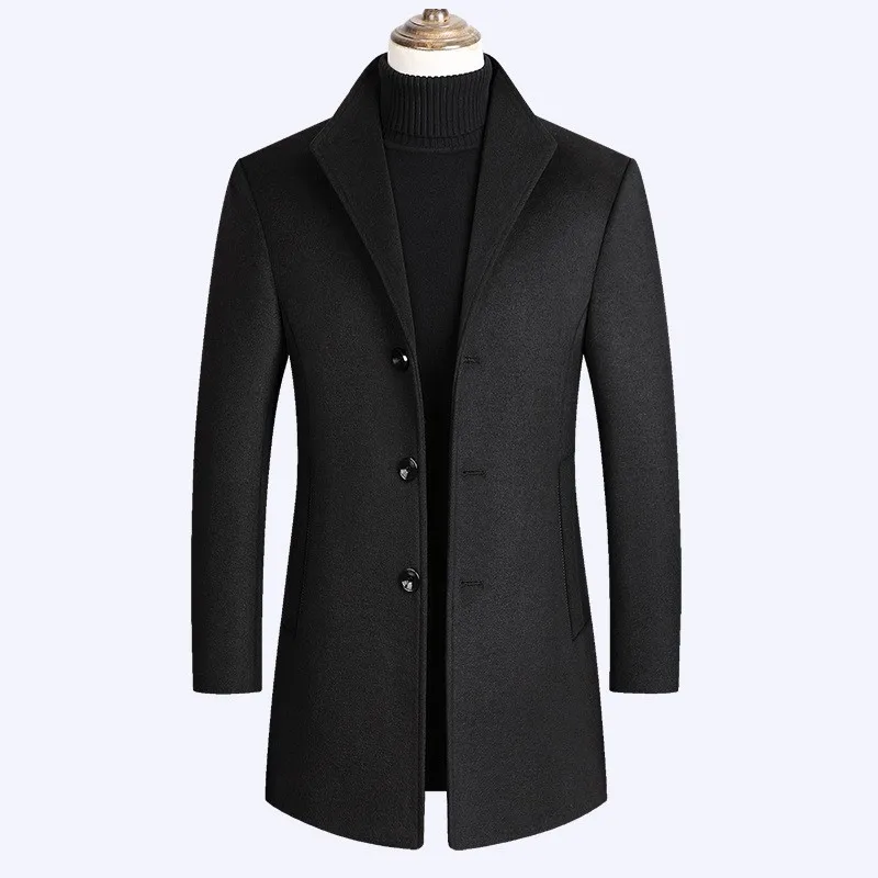Smart casual осень зима твердые мужские шерстяные пальто с длинным рукавом однобортный стоячий воротник средней длины пальто размера плюс