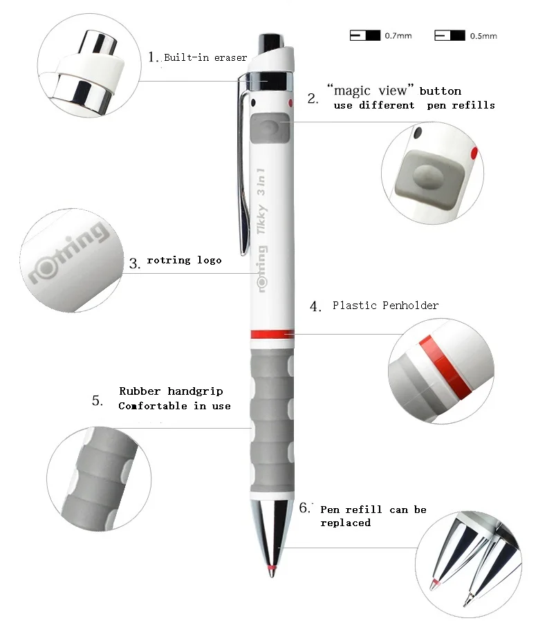 1 шт. Rotring Tikky 3 в 1 multipen 0,5 мм/0,7 мм механический карандаш и 2 цвета шариковая ручка