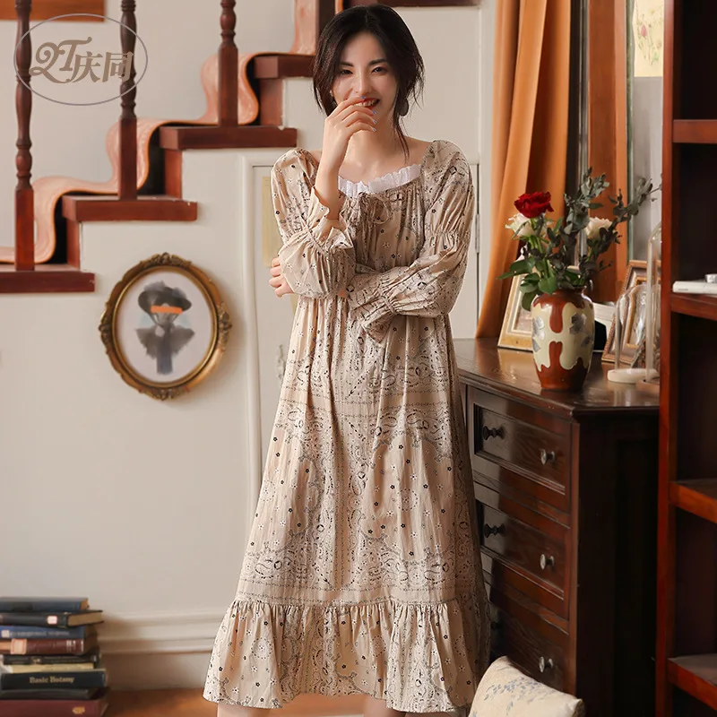 Женская хлопковая ночная рубашка с длинными рукавами, Весенняя тонкая Милая свободная Пижама принцессы, большие размеры, Длинные корейские пижамы в стиле ретро