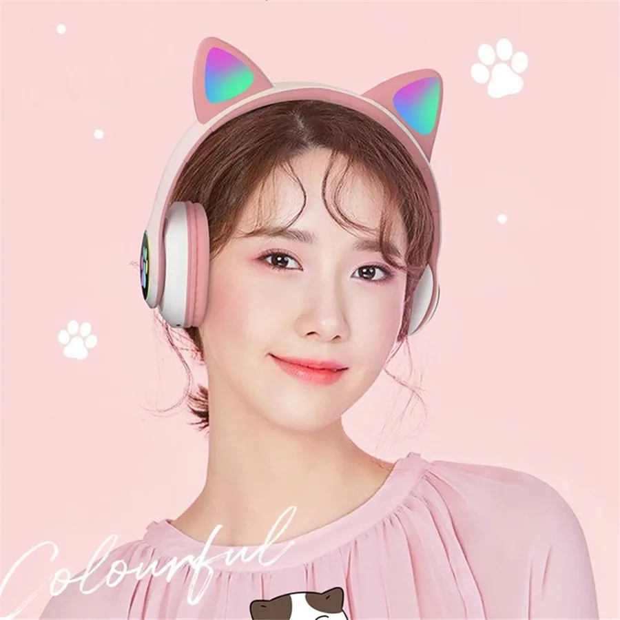 PGDM Glowing Light Cute Cat Bluetooth Headphone Best Christmas Gift Wireless LED Headset Stereo Music Earphone For Kids Girls