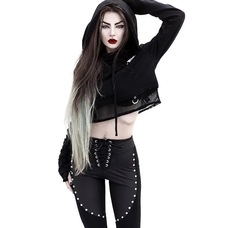 

2020 Cool Fake Two-Piece Stitching Mesh Printing Hooded Female BF Navel Skull Locomotive Girl's Style