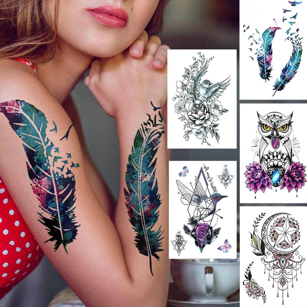 

Watercolour Feather Temporary Tattoos For Women Men Adults Flower Hummingbirds Tattoo Sticker Fake Owl Bird Tatoos Dreamcatcher