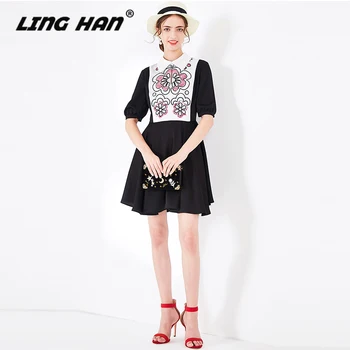 

LINGHAN Fashion Embroidery Mini Dress Women's elegant Peter pan Collar Sequined black Short sleeve dresses Spring Summer New