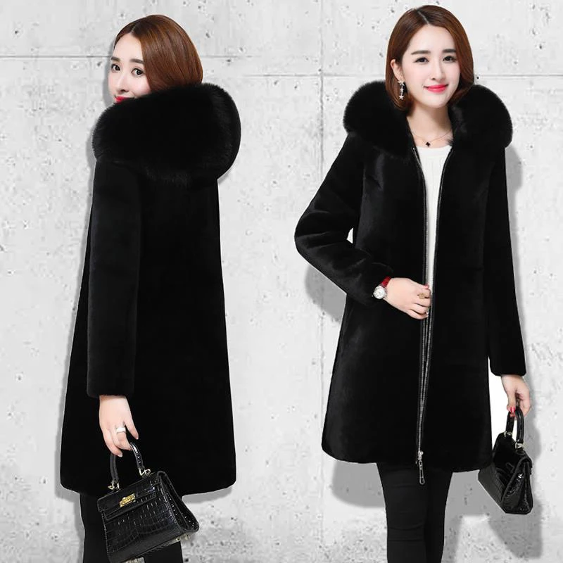 

2024 Winter Hooded Fur Parka Coat Women Mid-Length Thicken Sheep Shearling Overcoat female New Autumn Thick Warm Chic Black Tops