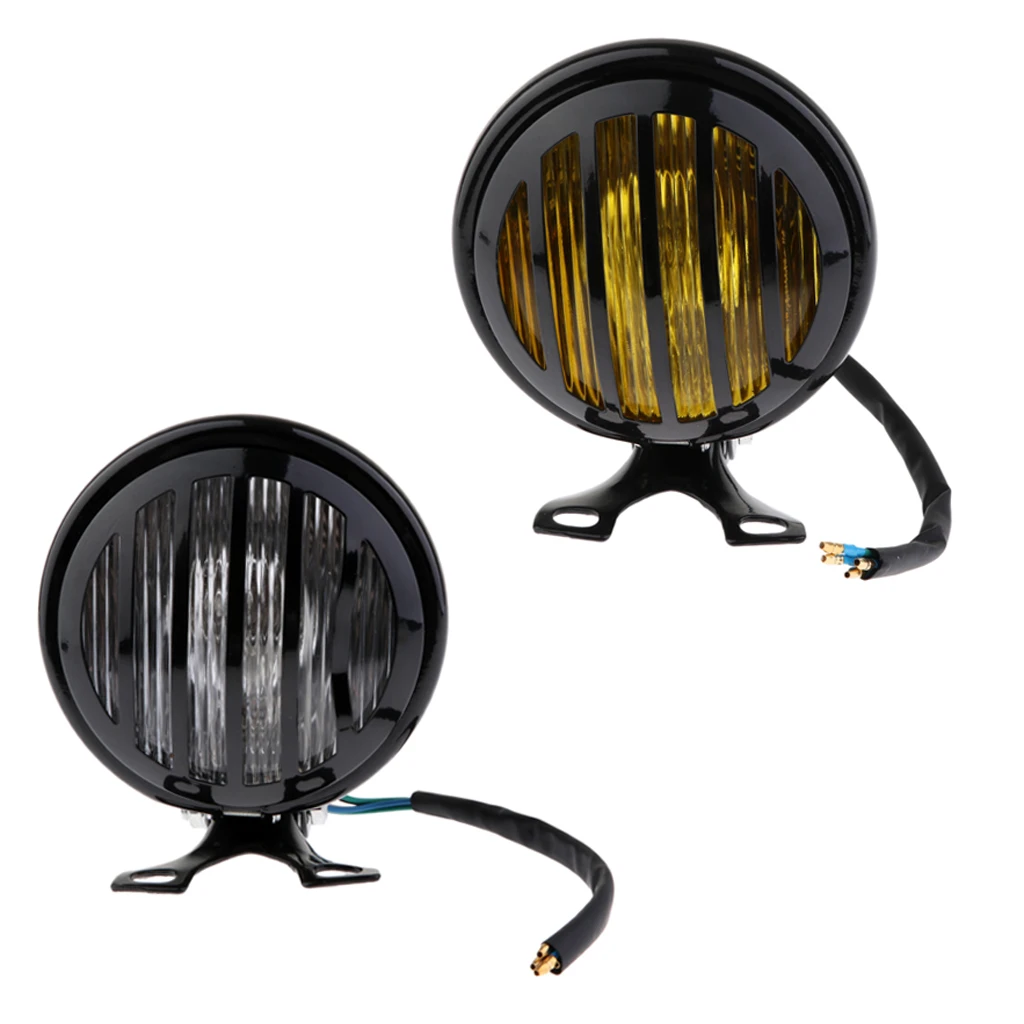 2x 6 inch Motorcycle Retro LED Finned Grill Headlight Head Lamp Replacement for Harley Bobber Cafe Racer Cruiser -Amber + Clear