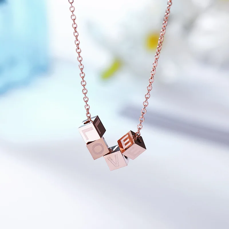 JeeMango Office Style Titanium Stainless Steel Square Pendant Necklaces Rose Gold Love Letter Choker Necklace For Women RN02360