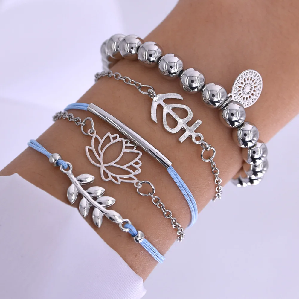 5 Piece Boho Women Girl Lady Female Silver Color Chain Lotus Charm Bracelet Leaves Hollow Bohemia | Украшения и аксессуары
