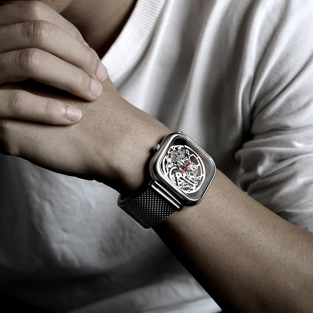 CIGA Men's Watch 1Pc  Sliver Stainless Steel Mesh Mecanico Square Movement Simple Waterproof Black Male Watches Mens relogio