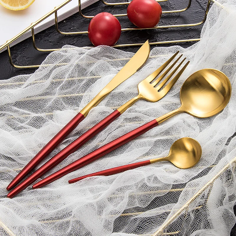 

Portuguese Tableware Gold-plated Western Cutlery Set 304 Stainless Steel Steak Cutlery Dessert Spoon Tableware Dinnerware