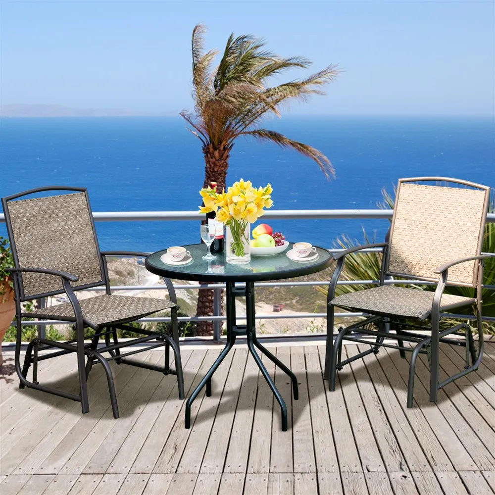 

Costway 3PCS Patio Bistro Furniture Set Rocking Glider Chair Glass Table W/Umbrella Hole