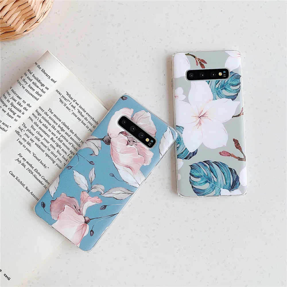 Retro Banana Leaf &amp Flower Phone Case For Samsung Galaxy S20 A50 A51 S10 cartoon silicone Soft green leaves Back Cover | Мобильные