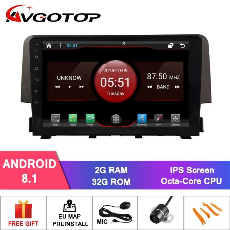 Top AVGOTOP Android 9 Bluetooth GPS Car Radio DVD Player For HONDA CIVIC 2016-2018 1