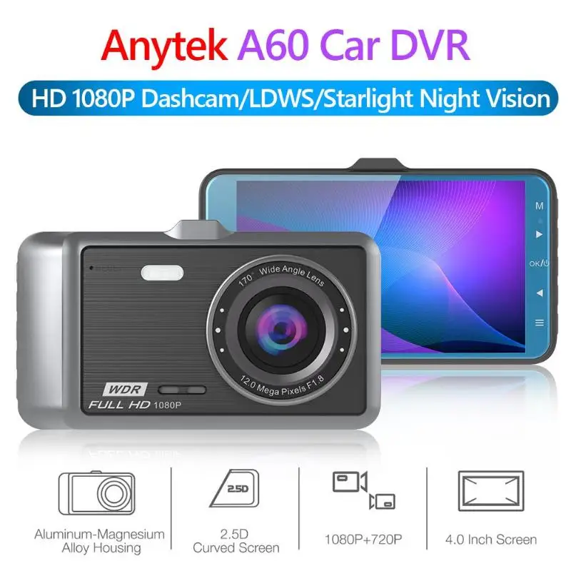 Автомобильный видеорегистратор Anytek A60, 4 дюйма, ips экран, HD 1080 P, Dashcam LDWS, звездный свет, ночное видение, видеорегистратор