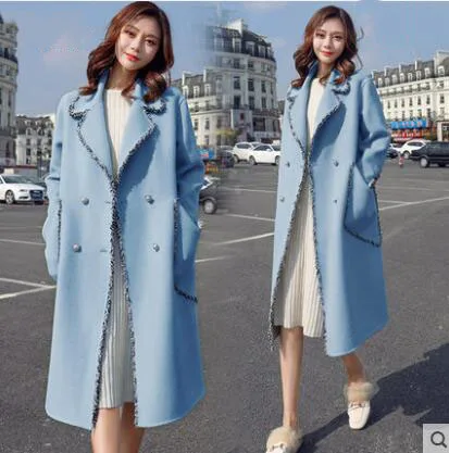 Light blue Шерстяное пальто женское длинное пальто осень и зима свободный темперамент зеленый популярный небольшой аромат ветер шерстяная куртка 593 - Цвет: Light blue
