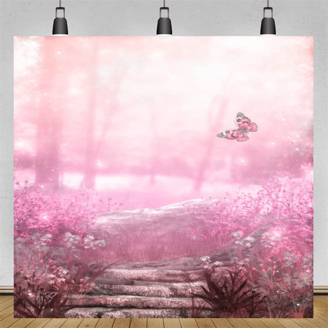 Фантастический пейзаж розовый джунгли бабочка компьютерная печать Фотография